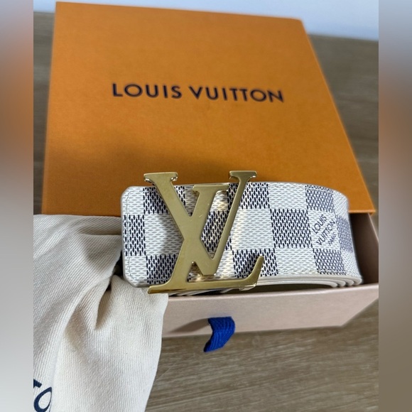 SOLD somewhere else* Louis Vuitton White Damier Azur LV Belt with Gold Buckle - Picture 5 of 5